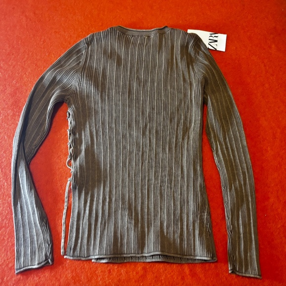 Zara light brown khaki laced cut out long sleeves ribbed cotton NWT - Picture 14 of 15